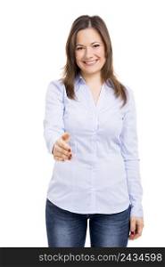 Beautiful and happy woman giving a hand shake isolated over white background