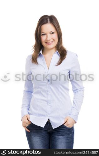 Beautiful and happy woman isolated over white background