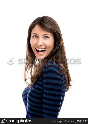 Beautiful and happy woman laughing over a white background. Happy woman