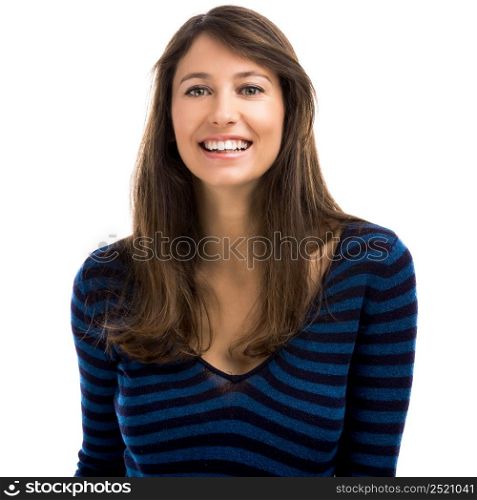 Beautiful and happy woman smiling over a white background. Happy woman