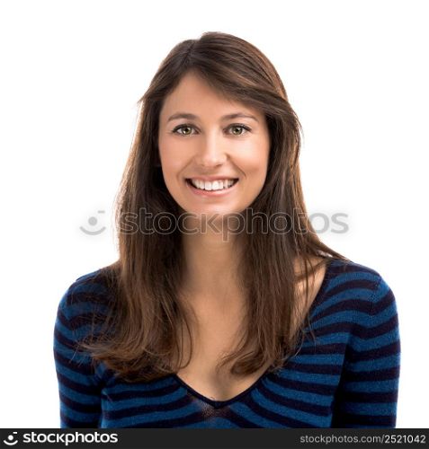 Beautiful and happy woman smiling over a white background. Happy woman