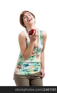 Beautiful and happy woman with a red apple, isolated over white background