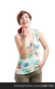 Beautiful and happy woman with a red apple, isolated over white background
