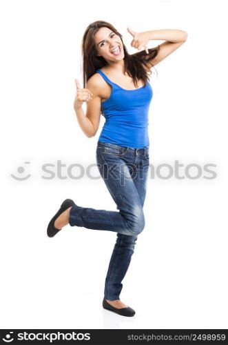 Beautiful and happy woman with thumbs up, isolated over a white background