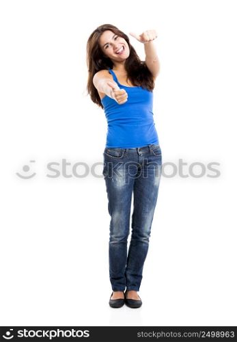 Beautiful and happy woman with thumbs up, isolated over a white background