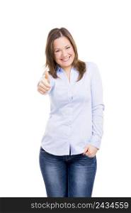 Beautiful and happy woman with thumbs up, isolated over white background