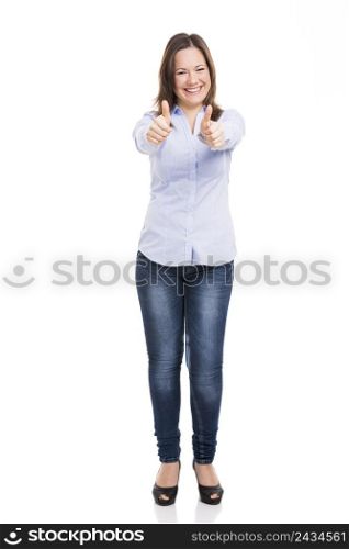 Beautiful and happy woman with thumbs up, isolated over white background