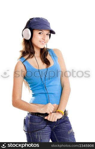 Beautiful and happy young girl listen music with headphones, isolated on white