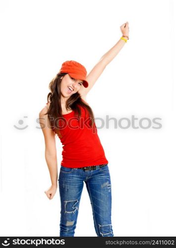 Beautiful and happy young girl with arms on the air, isolated on white