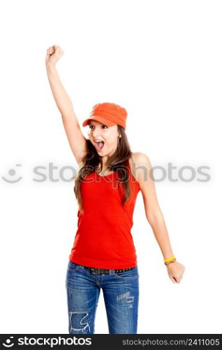 Beautiful and happy young girl with arms on the air, isolated on white