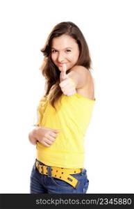 Beautiful and happy young girl with thumbs up, isolated on white