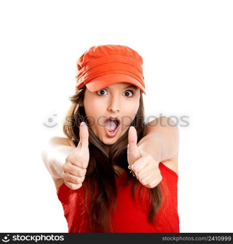 Beautiful and happy young girl with thumbs up, isolated on white