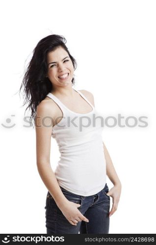 Beautiful and happy young woman isolated on white background