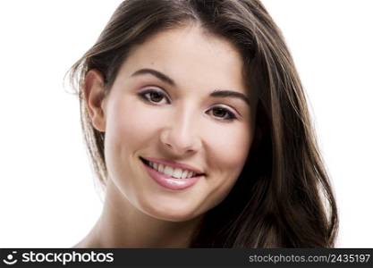 Beautiful and happy young woman isolated over a white background
