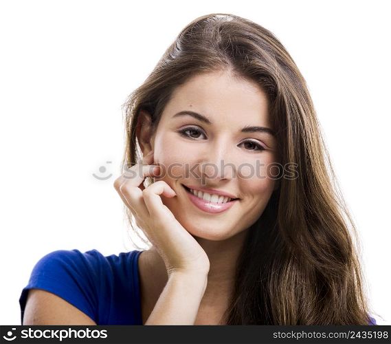 Beautiful and happy young woman isolated over a white background
