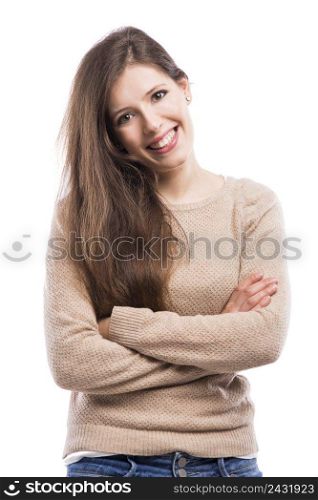 Beautiful and happy young woman with hands folded, isolated over white background
