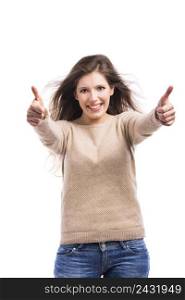 Beautiful and happy young woman with thumbs up, isolated over white background
