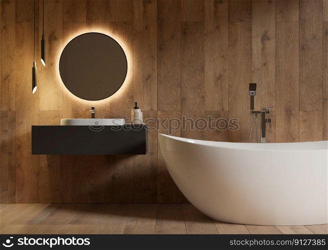 Beautiful and modern bathroom. Bathtub, washbasin, hanging l&s, wooden texture. Home or hotel interior in contemporary style. Luxury bathroom design. Interior design project. 3D render. Beautiful and modern bathroom. Bathtub, washbasin, hanging l&s, wooden texture. Home or hotel interior in contemporary style. Luxury bathroom design. Interior design project. 3D render.