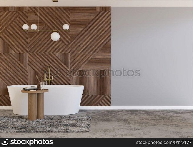 Beautiful and modern bathroom. Wooden panels. Bathtub. Home interior in contemporary style. Luxury bathroom mock up. Free, copy space for your furniture, radiator or other details. 3D rendering. Beautiful and modern bathroom. Wooden panels. Bathtub. Home interior in contemporary style. Luxury bathroom mock up. Free, copy space for your furniture, radiator or other details. 3D rendering.