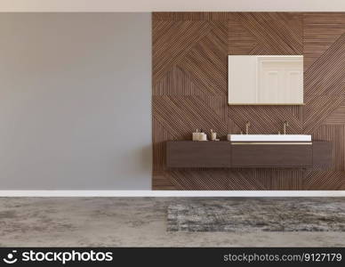 Beautiful and modern bathroom. Wooden panels. Washbasin. Home interior in contemporary style. Luxury bathroom mock up. Free, copy space for your furniture, radiator or other details. 3D rendering. Beautiful and modern bathroom. Wooden panels. Washbasin. Home interior in contemporary style. Luxury bathroom mock up. Free, copy space for your furniture, radiator or other details. 3D rendering.