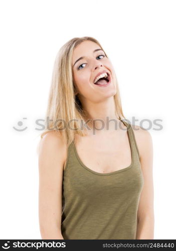 Beautiful and sexy blonde woman laughing, isolated over white background
