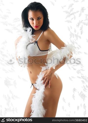 beautiful and sexy latina girl in white underwear with feather boa