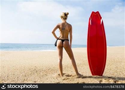 Beautiful and sexy surfer girl checking the waves