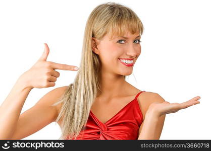 beautiful and smiling woman in red dress presenting a virtual product on white