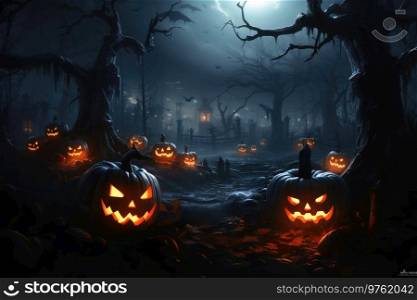 Beautiful and spooky halloween scene with gloomy lights