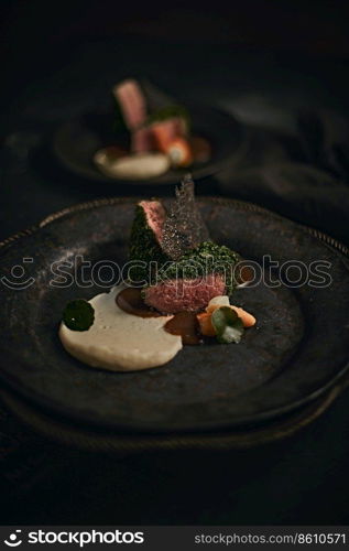 Beautiful and tasty food on a plate, exquisite dish, creative restaurant meal concept. Beautiful and tasty food on a plate