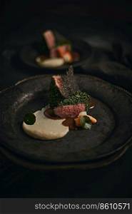 Beautiful and tasty food on a plate, exquisite dish, creative restaurant meal concept. Beautiful and tasty food on a plate