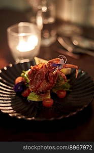Beautiful and tasty food on a plate, exquisite dish, creative restaurant meal concept
. Beautiful and tasty food on a plate