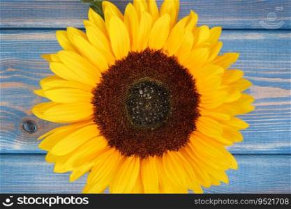 Beautiful and vibrant yellow sunflower on old blue background. Decoration and summer time concept. Beautiful and vibrant sunflower on old blue background. Decoration and summer time