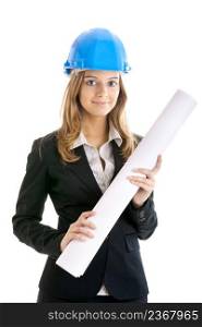 Beautiful and young female architect using a blue helmet