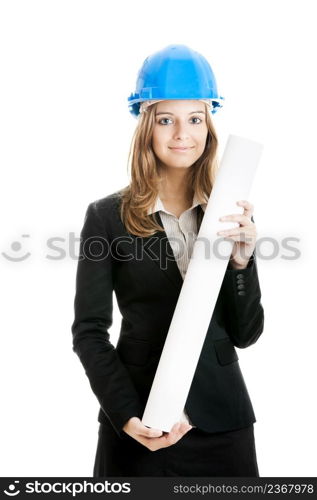 Beautiful and young female architect using a blue helmet