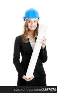 Beautiful and young female architect using a blue helmet