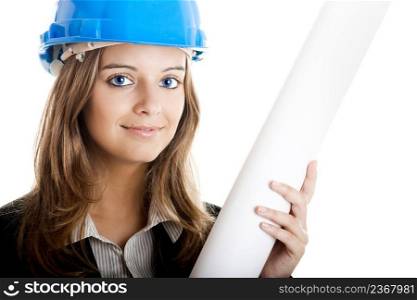 Beautiful and young  female architect using a blue helmet