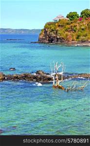 beautiful andilana beach seaweed in indian ocean madagascar mountain sand isle sky and rock