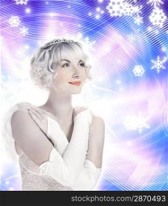 Beautiful Angel girl on abstract winter background