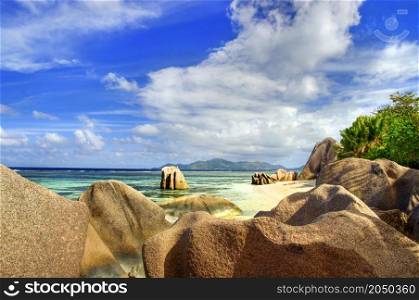 Beautiful Anse source d?argent beach with granite rocks in La Digue island, Seychelles