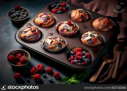 beautiful appetizing muffins on baking tray for breakfast, created with generative ai. beautiful appetizing muffins on baking tray for breakfast