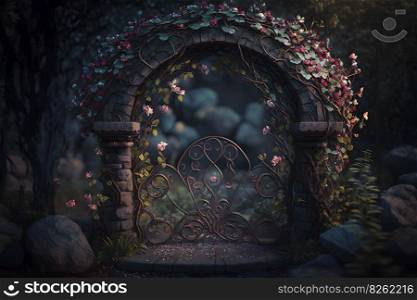 Beautiful arch of flowers in a beautiful garden. Neural network AI generated art. Beautiful arch of flowers in a beautiful garden. Neural network AI generated