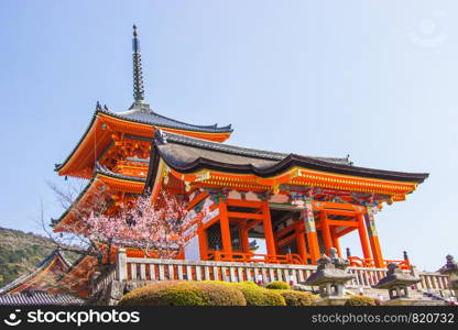 Beautiful architecture inside Kiyomizu-dera temple during cherry (sakura) blossom time are going to bloom in Kyoto, Japan.