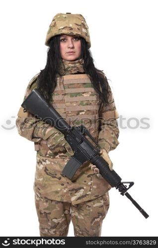 Beautiful army girl with rifle isolated on white