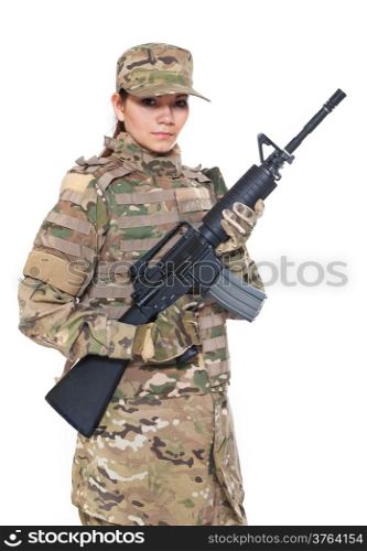 Beautiful army girl with rifle isolated on white