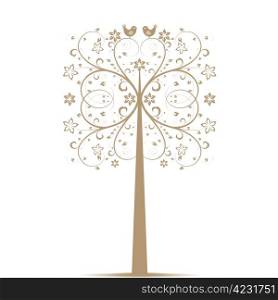 Beautiful art tree and birds isolated on white