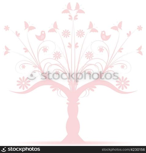 Beautiful art tree with bird and butterfly on white background