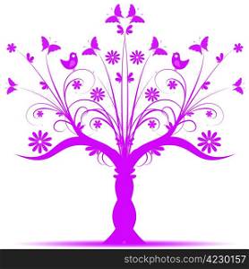 Beautiful art tree with bird and butterfly on white background