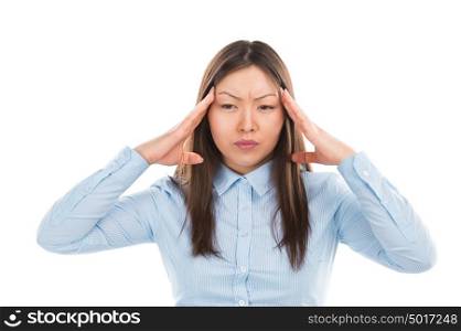 Beautiful Asian business woman with headache holding head in pain over white background