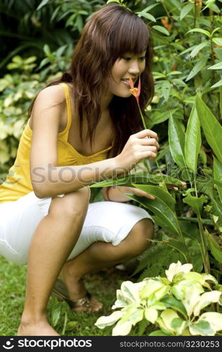 Beautiful asian smelling a flower